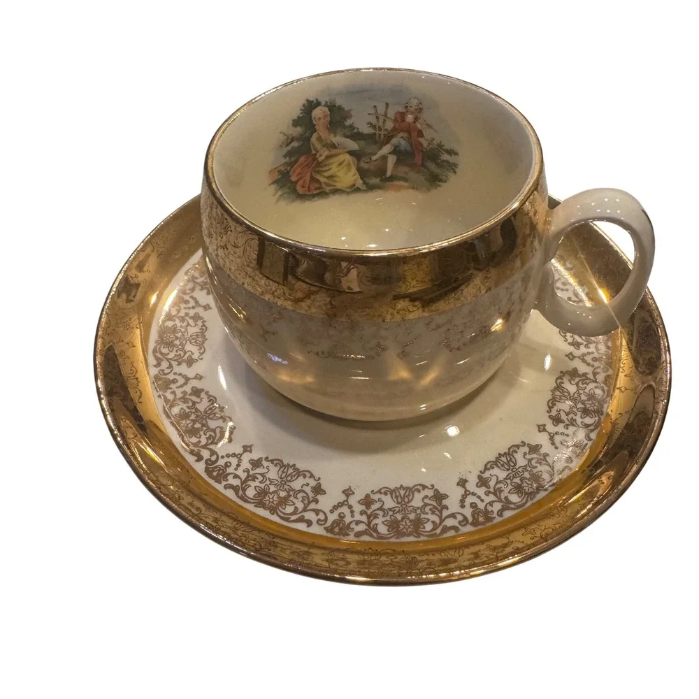 Crest O Gold‎ Sabin 22K Gold Trimmed Teacup and Saucer Set Vintage Romance